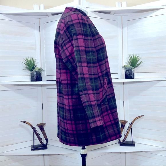 Vintage 90s Emily in Paris style dark magenta plaid pea coat sz XL - Picture 7 of 9